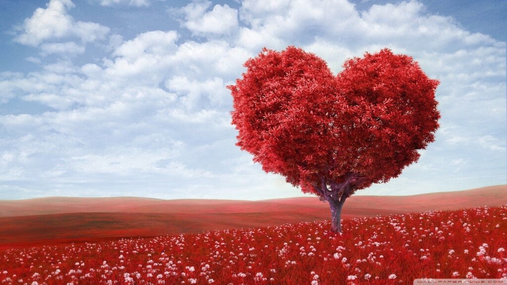 Heart shaped tree in a field with red flowers and a blue sky.